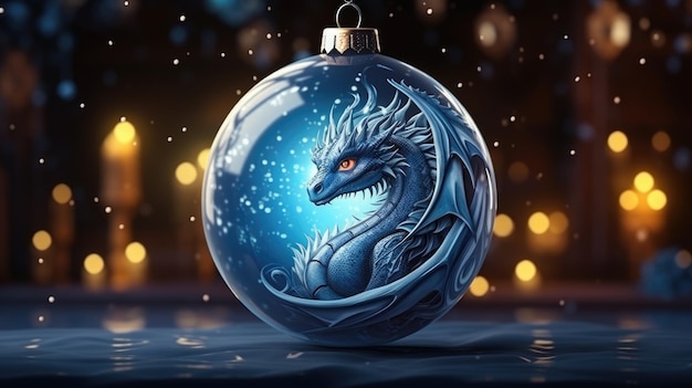 O dragão azul é retratado em uma bola de Natal contra um fundo escuro