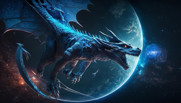 Foto o dragão azul está a voar no espaço.