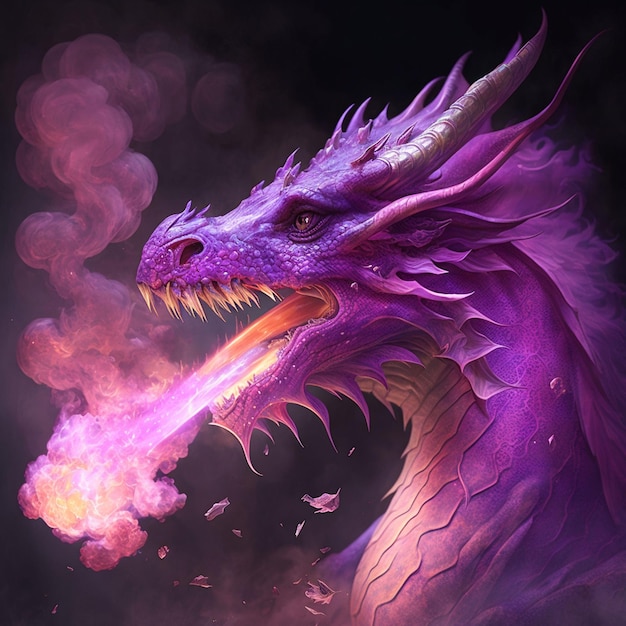 O dragão rosa cuspindo fogo roxo