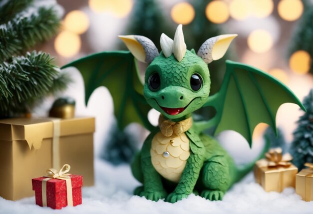 O dragão verde bebê feliz está segurando o presente de Natal IA generativa