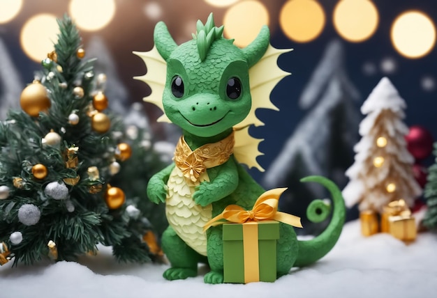 O dragão verde bebê feliz está segurando o presente de Natal IA generativa