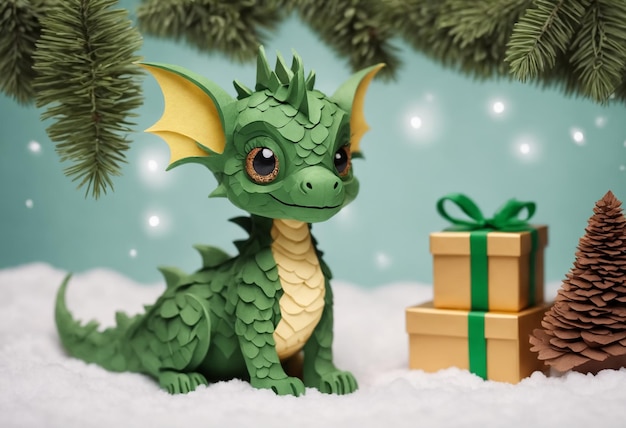 O dragão verde bebê feliz está segurando o presente de Natal IA generativa