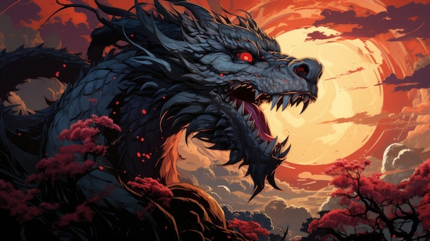 O dragão vermelho ardente domina um céu roxo profundo, a lua rosa, a sua aura coberta com IA generativa.
