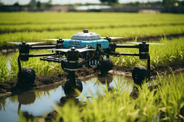 O drone agrícola é usado para a pulverização de fertilizante com precisão em campos de arroz vibrantes