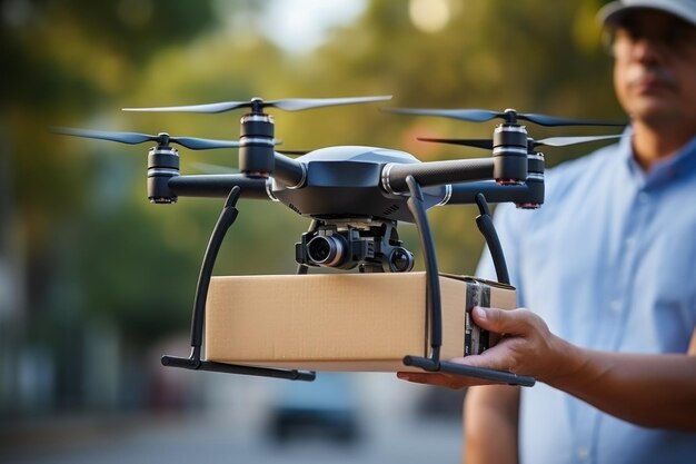 Foto o drone está içando um pacote e transportando bairros urbanos para entrega ia generativa
