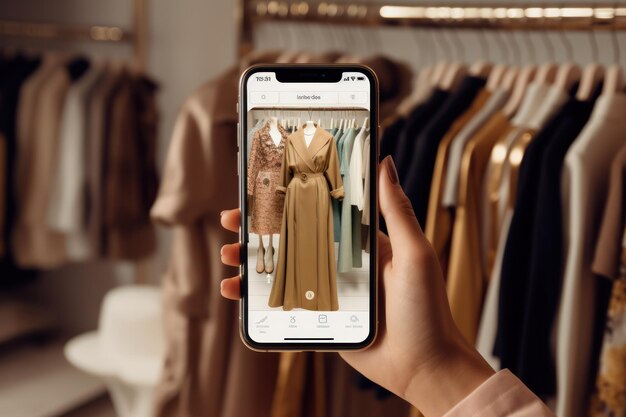 Foto o ecrã do smartphone apresenta peças de moda com recomendações de estilo curadas pela ia compras digitais