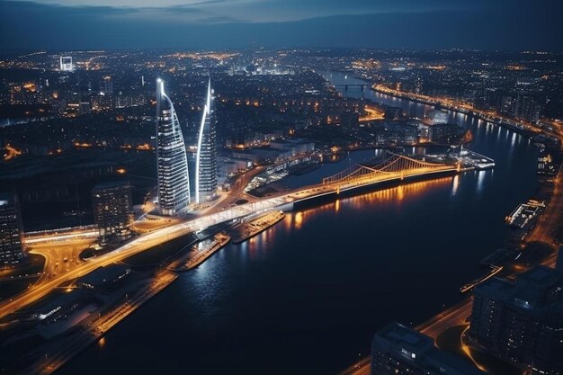 O edifício à noite está iluminado com as luzes acesas