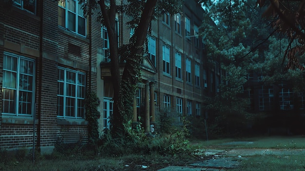 Foto o edifício abandonado da escola aparecia na escuridão. suas janelas quebradas e o quintal coberto de vegetação davam-lhe uma sensação assustadora.