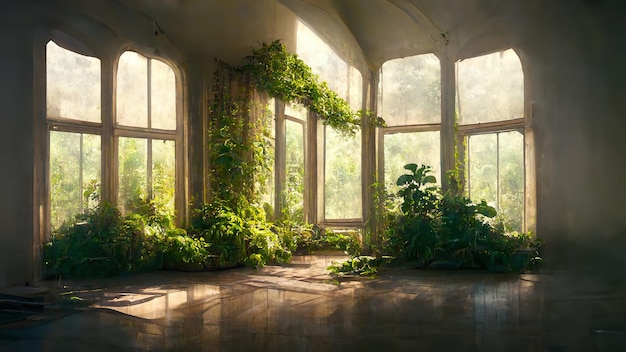 O edifício antigo é capturado pela natureza e renderização em 3D da vegetação. Ilustração de varredura.