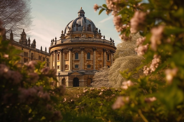O edifício da Universidade de Oxford é visto através das árvores na primavera.