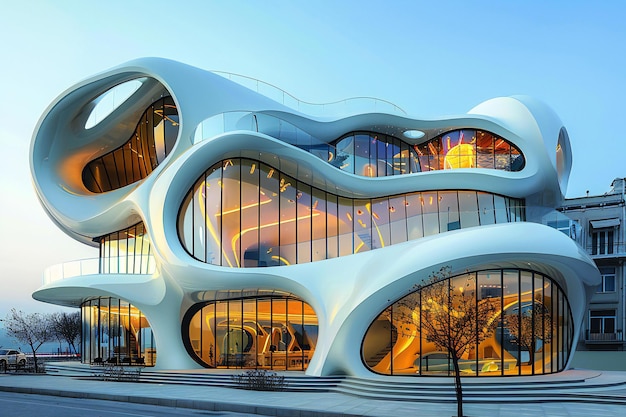 O edifício é grande e moderno com formas curvas