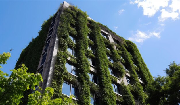 O edifício verde é coberto com plantas e tem uma fachada verde.