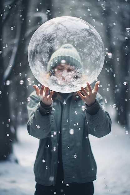 Foto o efeito bola de neve sessão de fotos criativa sobre inverno e neve