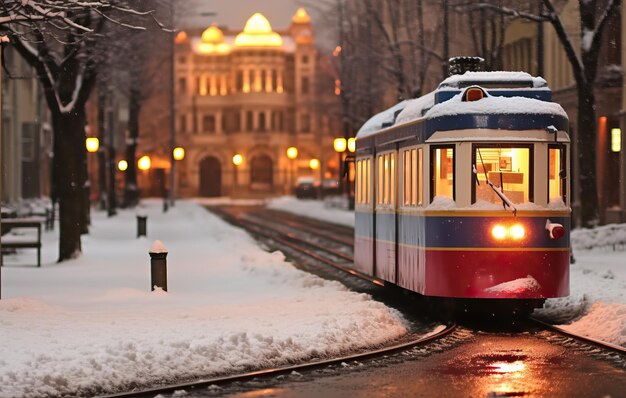 O eléctrico na rua coberta de neve