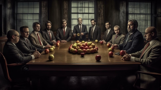 Foto o elenco da série de tv 'a equipe masculina senta-se ao redor de uma mesa com maçãs.