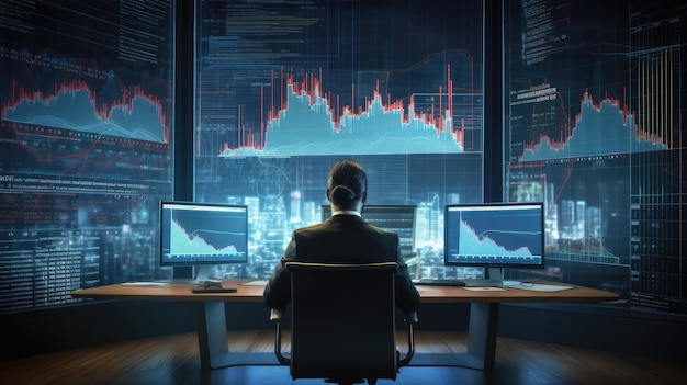 o empresário está sentado à mesa gráfica virtual e fazendo análises financeiras Criado com Gen