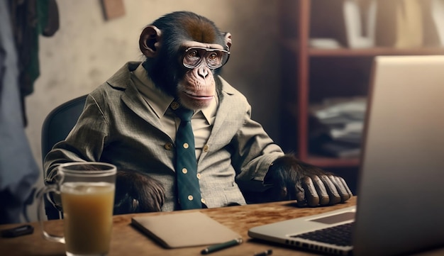 O empresário macaco está sentado no escritório.