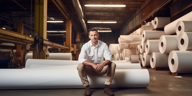 O empresário masculino da fábrica de papel está sentado Bela imagem de ilustração IA generativa