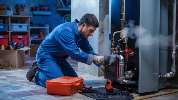 Foto o encanador tenta corrigir o problema com o equipamento de aquecimento residencial