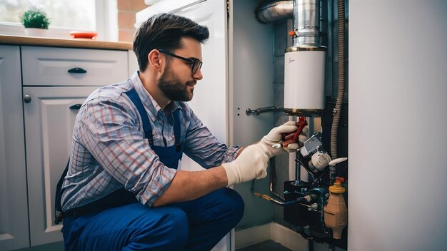 Foto o encanador tenta corrigir o problema com o equipamento de aquecimento residencial