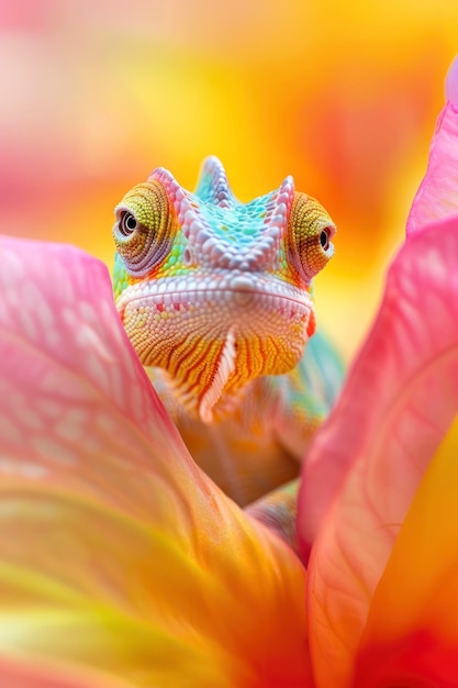 Foto o encantador camaleão peekaboo em pétalas