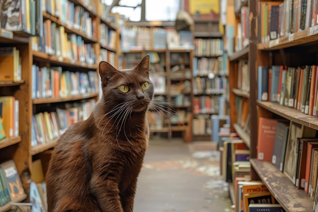 O encantador gato castanho sentado entre as estantes de livros em um ambiente aconchegante de biblioteca criando um ambiente perfeito