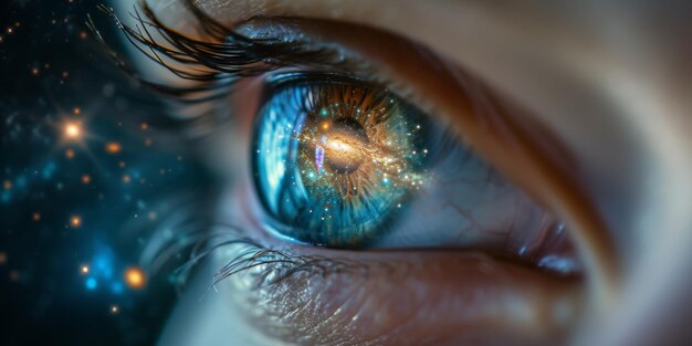 O encantador reflexo de uma galáxia em um close-up de um olho humano com espaço para cópia