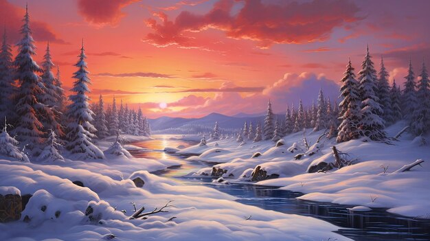 O encantamento do inverno, o país das maravilhas coberto de neve, o crepúsculo colorido, a cena fria, serena, pacífica, a beleza coberta de neve, gerada pela IA.