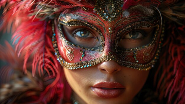 O encanto de um baile de máscaras capturado no olhar de uma mulher a sua identidade camuflada por um striki