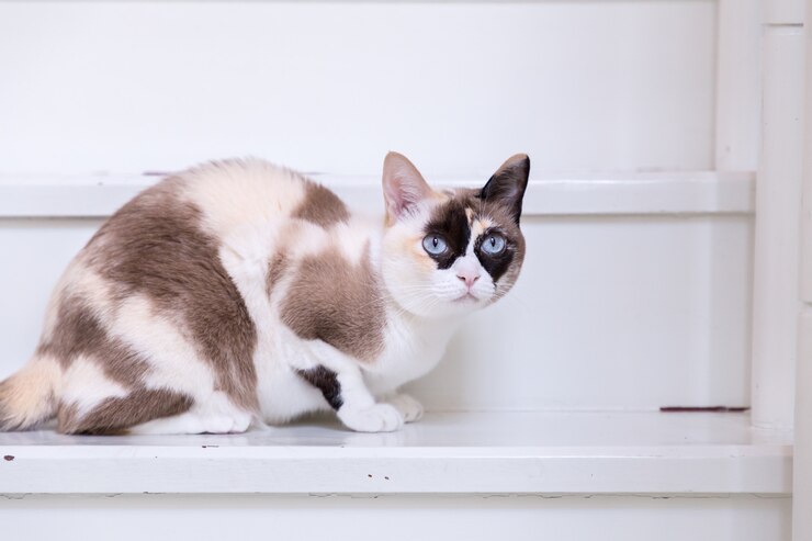 O encontro eyed azul do gato tailandês em escadas da casa olha a câmera.