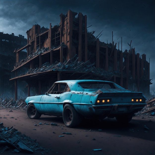 O enferrujado Chevrolet Camaro azul abandonado em uma estrada deserta
