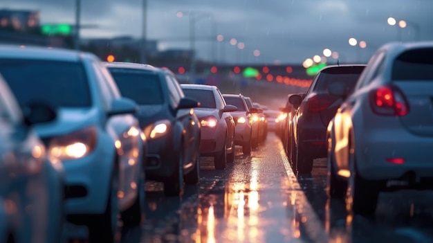 O engarrafamento na estrada movimentada da cidade