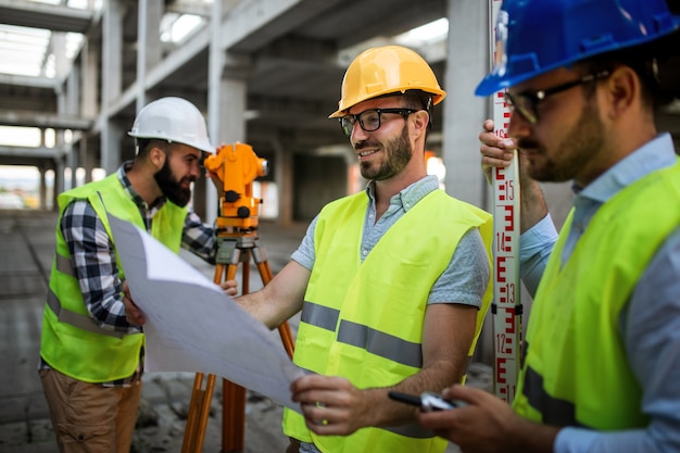 O engenheiro da equipe e os arquitetos estão se reunindo para planejar um novo projeto. Canteiro de obras trabalhando para discutir o conceito de planejamento