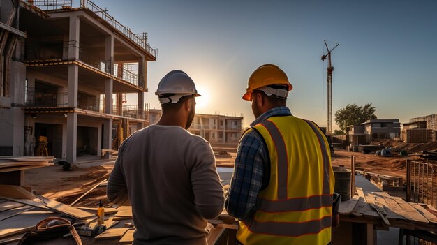 O engenheiro de construção fala com o arquiteto no canteiro de obras