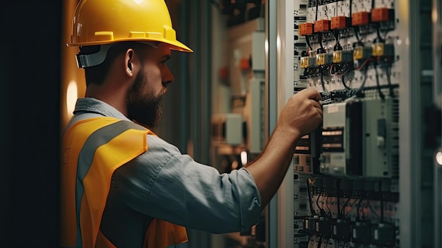 O engenheiro eletricista testa as instalações elétricas e os fios no sistema de proteção do relé