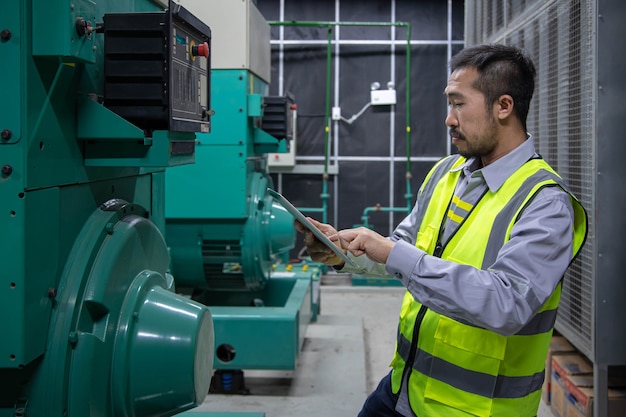 O engenheiro está usando o tablet para verificação e manutenção do gerador a diesel na sala de fornecimento de energia de emergência.