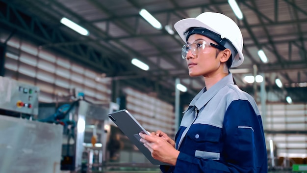 O engenheiro está usando um tablet para verificar o sistema de controle da máquina em uma fábrica.