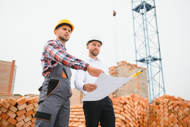 O engenheiro estrutural e o capataz discutem o plano de trabalho para o canteiro de obras ao ar livre