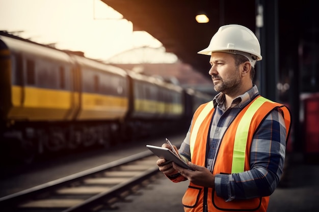 O engenheiro ferroviário está de serviço e discute-se usando o tablet no local de trabalho da garagem do comboio