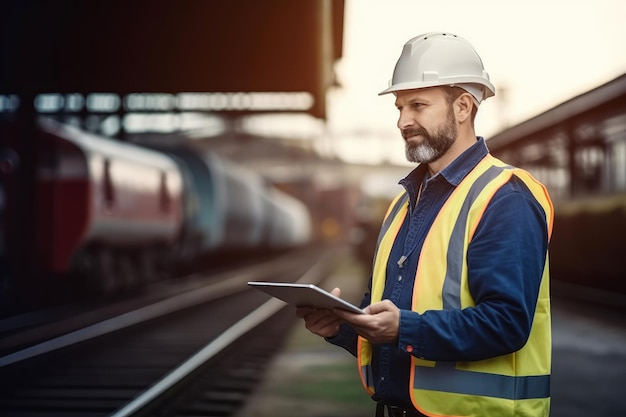 O engenheiro ferroviário está de serviço e discute-se usando o tablet no local de trabalho da garagem do comboio