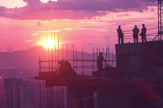 O engenheiro orienta a equipa a trabalhar com segurança em terreno elevado ao pôr-do-sol