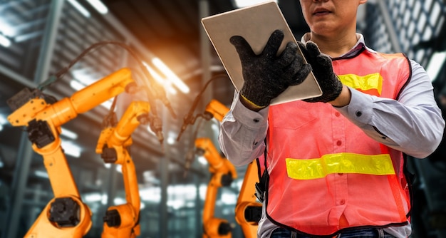 O engenheiro usa software robótico avançado para controlar o braço do robô da indústria na fábrica