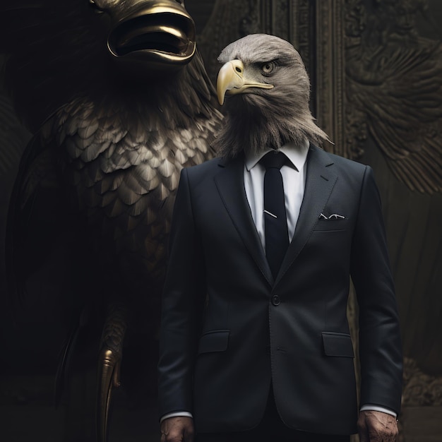 Foto o enigma de um homem com uma cabeça de águia e uma parte inferior do corpo mais corajosa