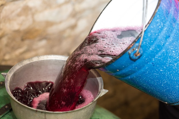 O enólogo derrama suco de uva para transporte em barris.