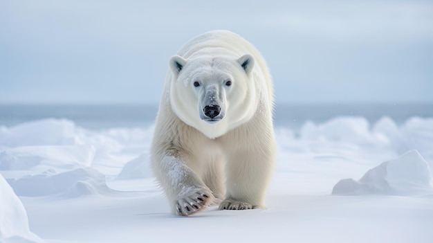 O enorme urso polar em pelagem coberta de neve vagueia pelo gelo ártico, significando a beleza do deserto