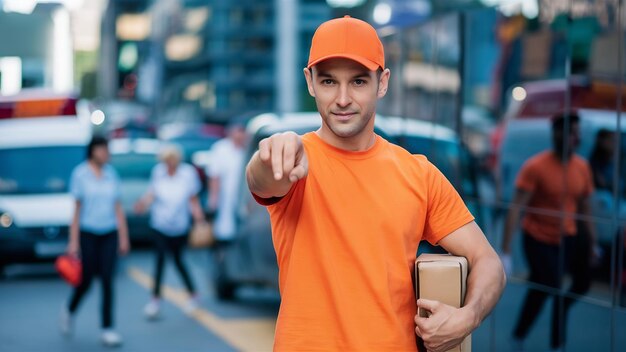 Foto o entregador aponta para baixo de camiseta laranja e boné e parece seguro.