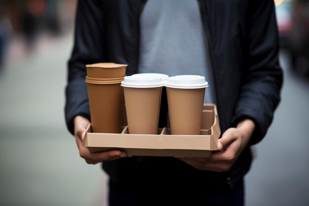 O entregador carrega café e chá em recipientes de papel na rua.