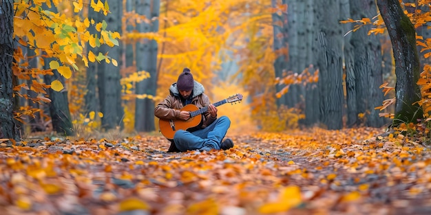 O entusiasta da música toca a guitarra cercado por uma deslumbrante folhagem de outono no caminho da floresta Conceito Música de Outono Serenata Guitarra e Melodias de Folhagem de Outono Serena Floresta Jam Caminho Musical