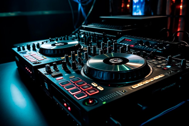 O equipamento de um DJ em uma sala escura com uma tela iluminada