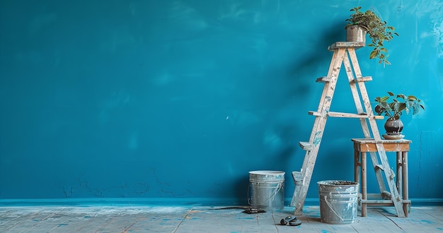 O equipamento para pintar paredes é posicionado ao lado de uma parede azul e espaço IA geradora
